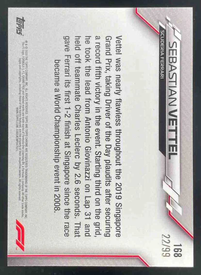 2020 Topps Chrome Sapphire Formula 1 Aqua #168 Sebastian Vettel /99 - Image 2