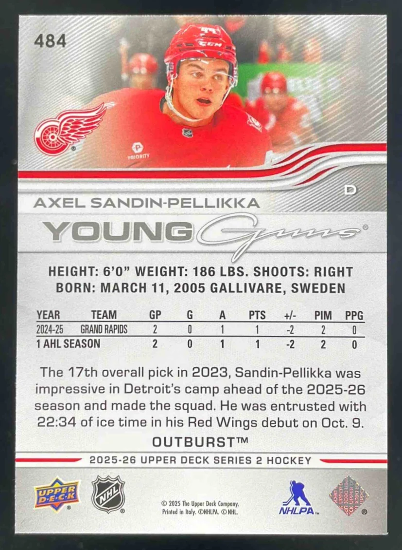 2025 Upper Deck Series 2 Young Guns Outburst Silver #484 Axel Sandin-Pellikka RC - Image 2