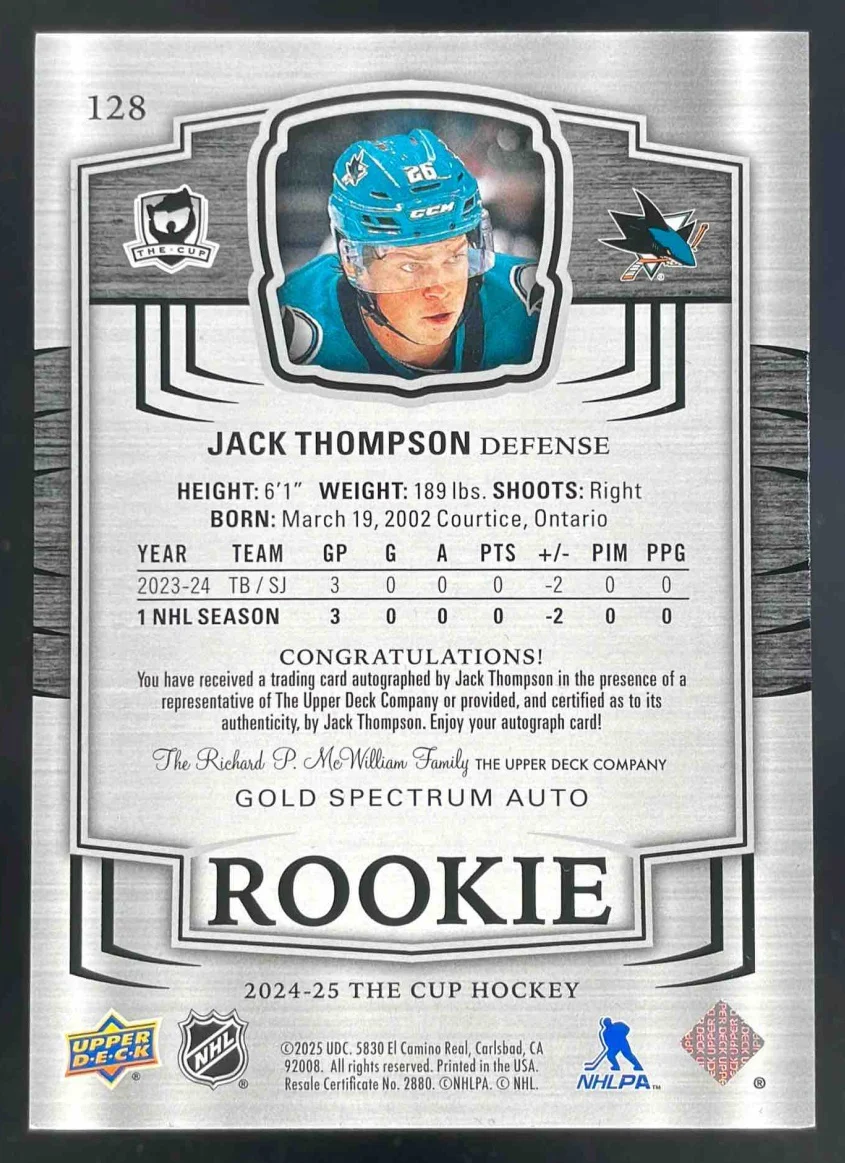 2024-25 Upper Deck The Cup Gold Spectrum Foil #128 Jack Thompson RC Auto /36 - Image 2