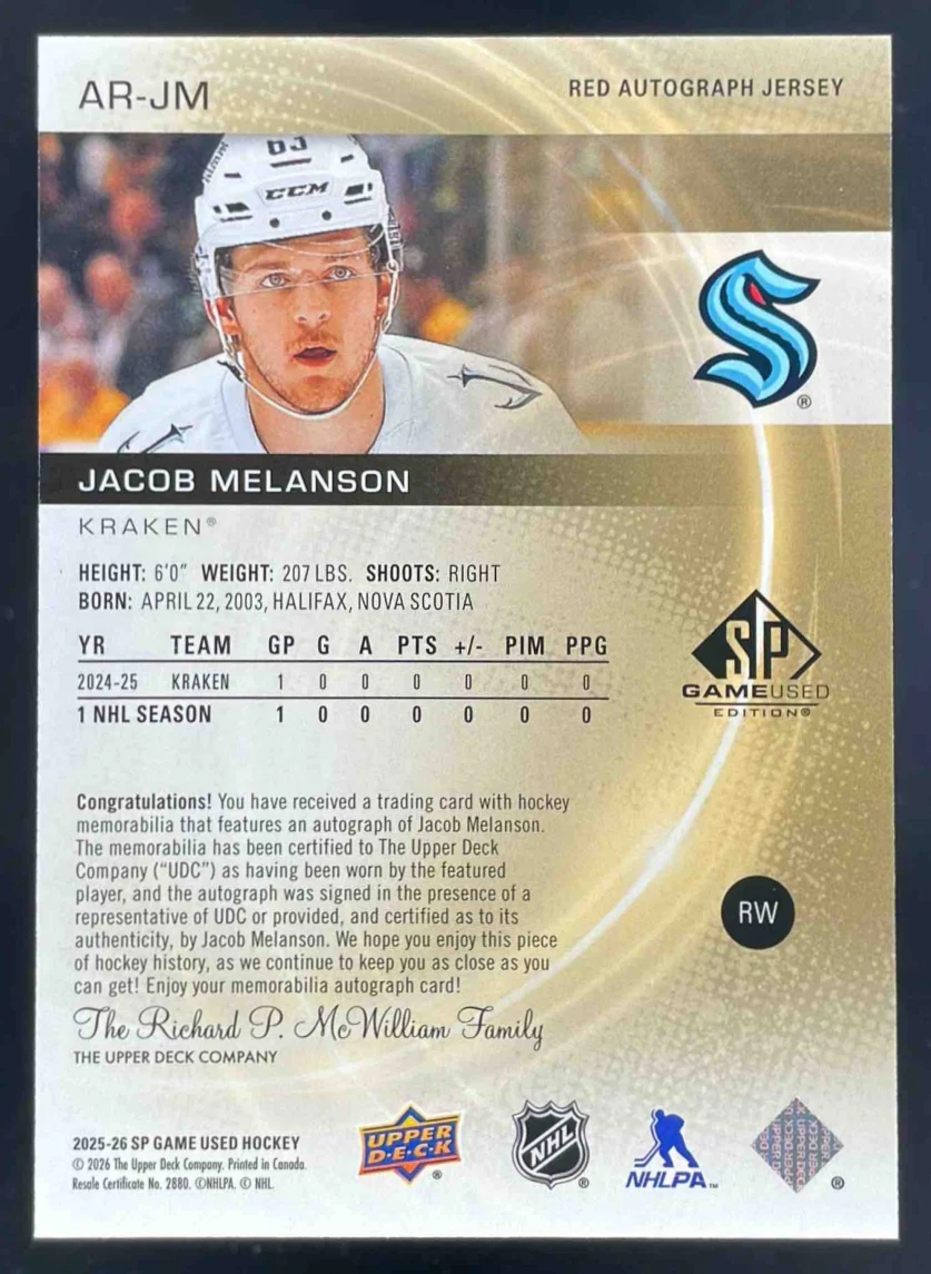 2025 SP Game Used Authentic Relic Red Auto Jersey Jacob Melanson RC Auto /149 - Image 2