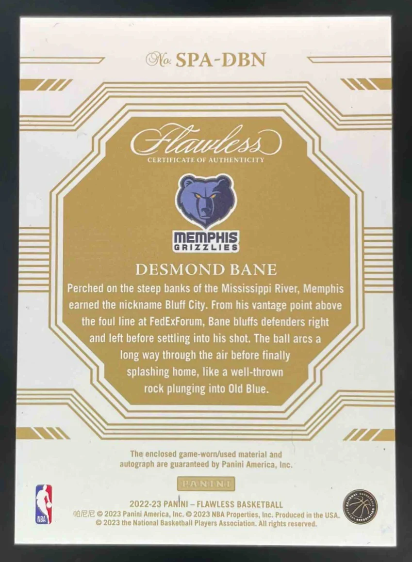 2022-23 Flawless Signature Prime Materials #SPA-DBN Desmond Bane Auto /25 - Image 2