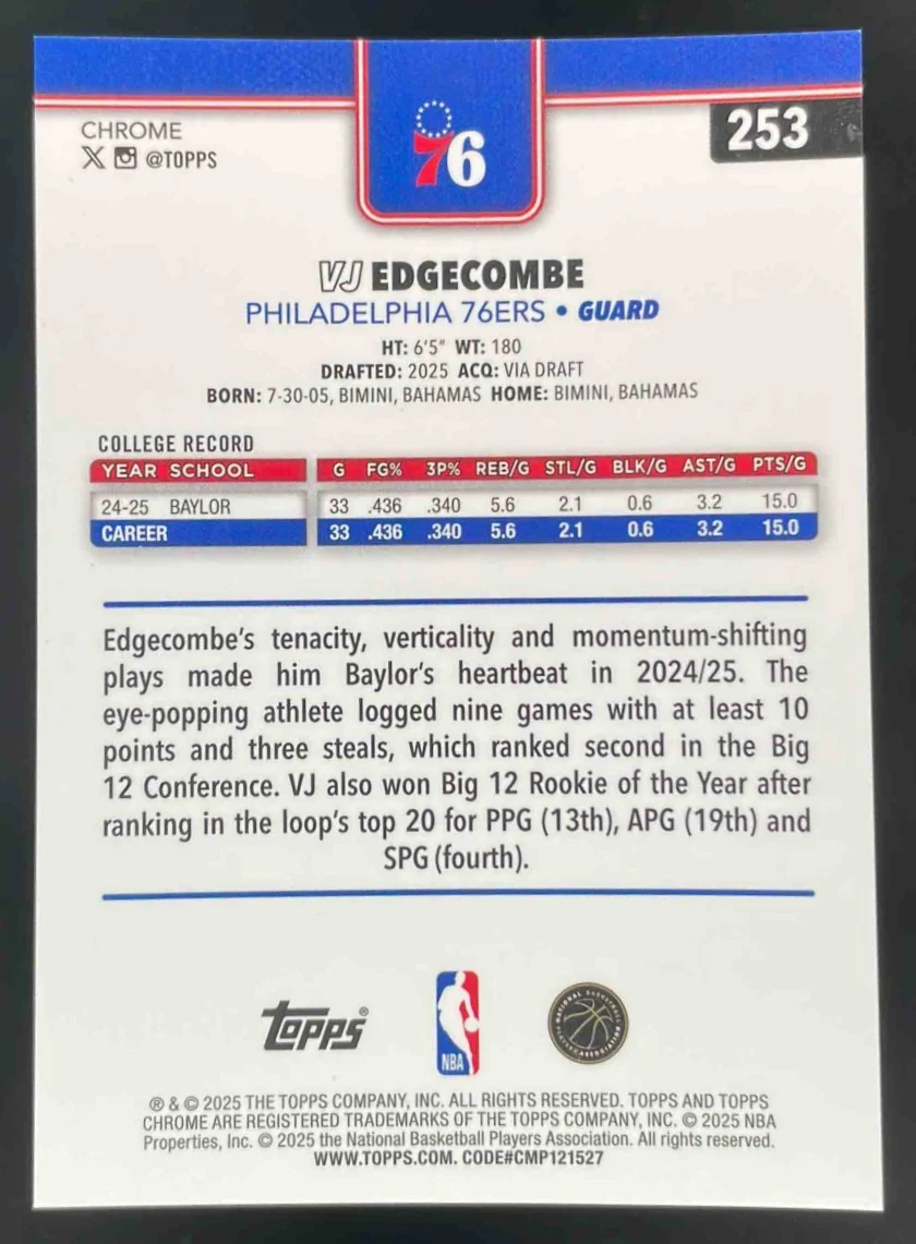 2025-26 Topps Chrome Blue X-Fractor #253 VJ Edgecombe RC - Image 2