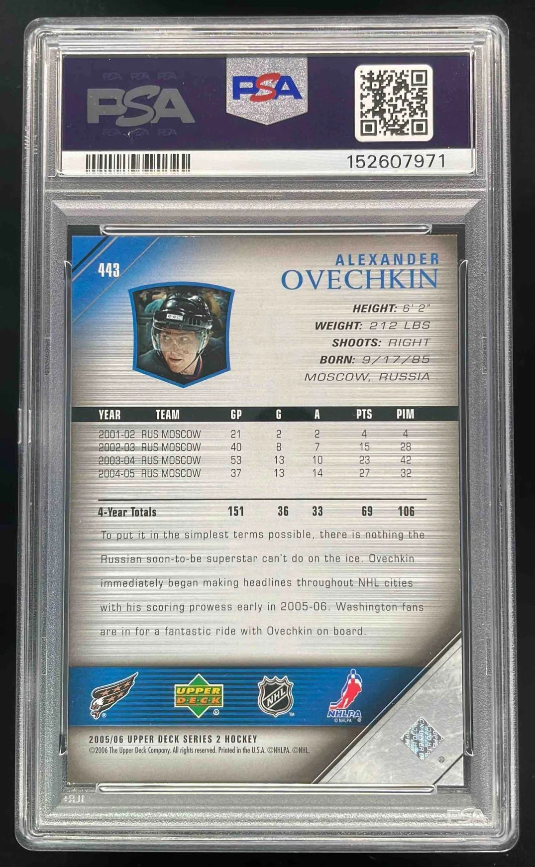 2005-06 Upper Deck #443 Alexander Ovechkin Young Guns RC PSA 9 - Image 2