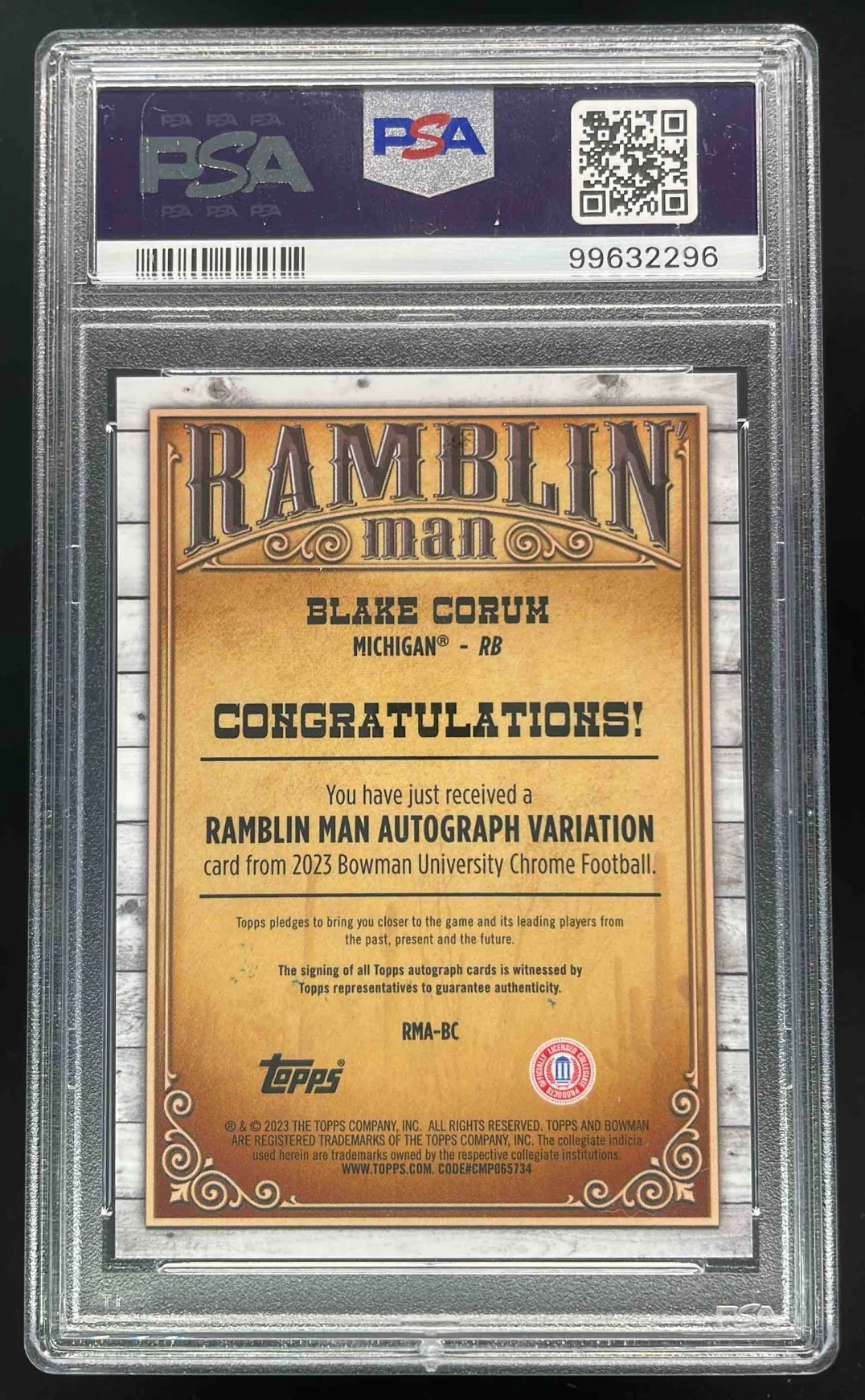 2023 Bowman University Chrome Ramblin' Man #RMA-BC Blake Corum Auto /99 PSA 10 - Image 2