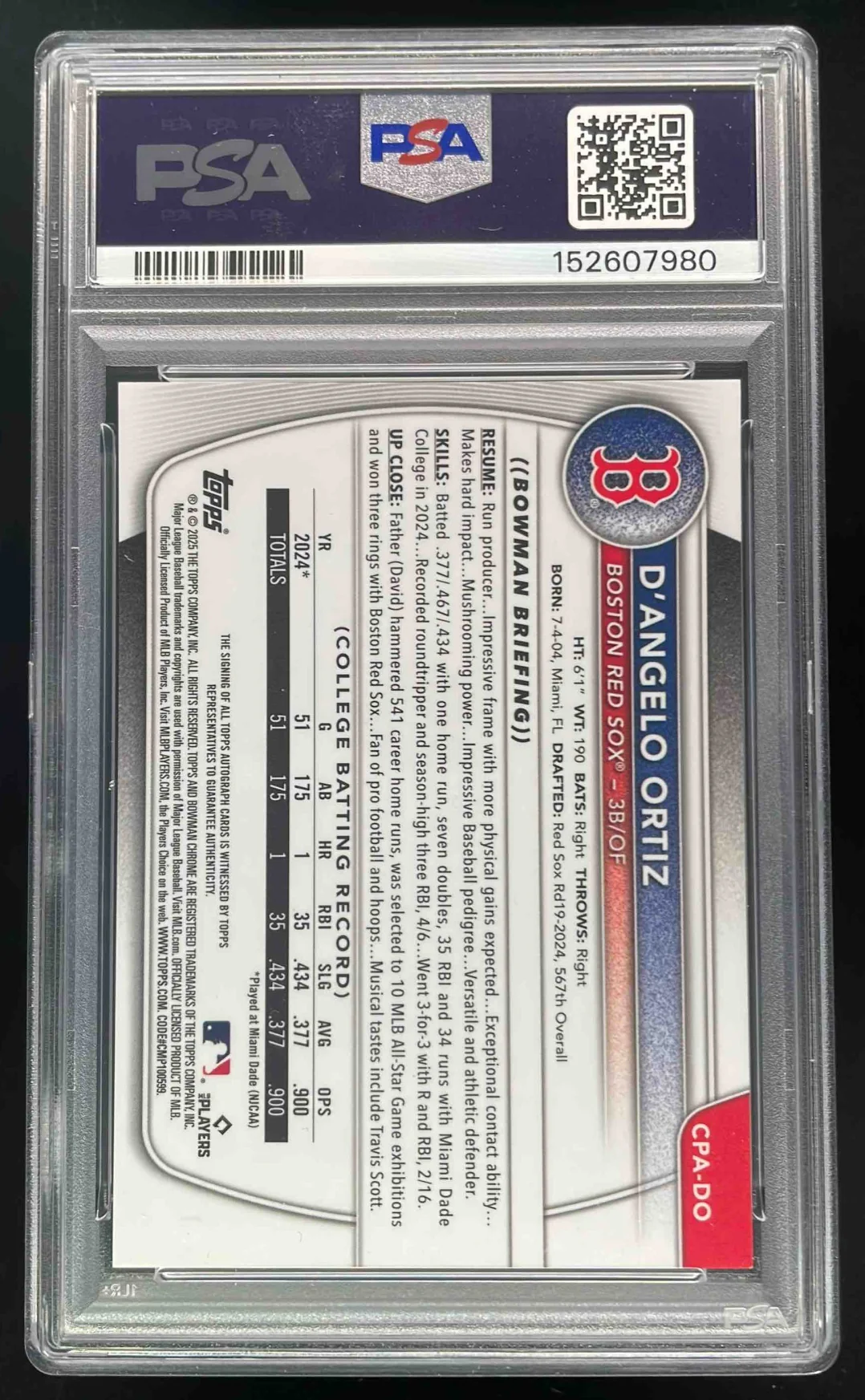 2025 Bowman Chrome Orange Refractor #CPA-DO D Angelo Ortiz RC Auto /25 PSA 10 - Image 2