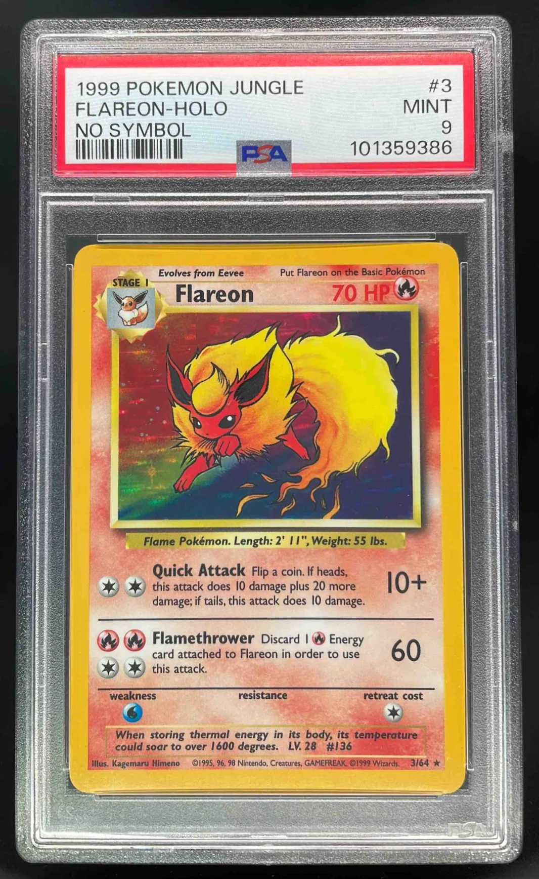 1999 Pokemon Jungle #3/64 Flareon No Symbol Holo PSA 9