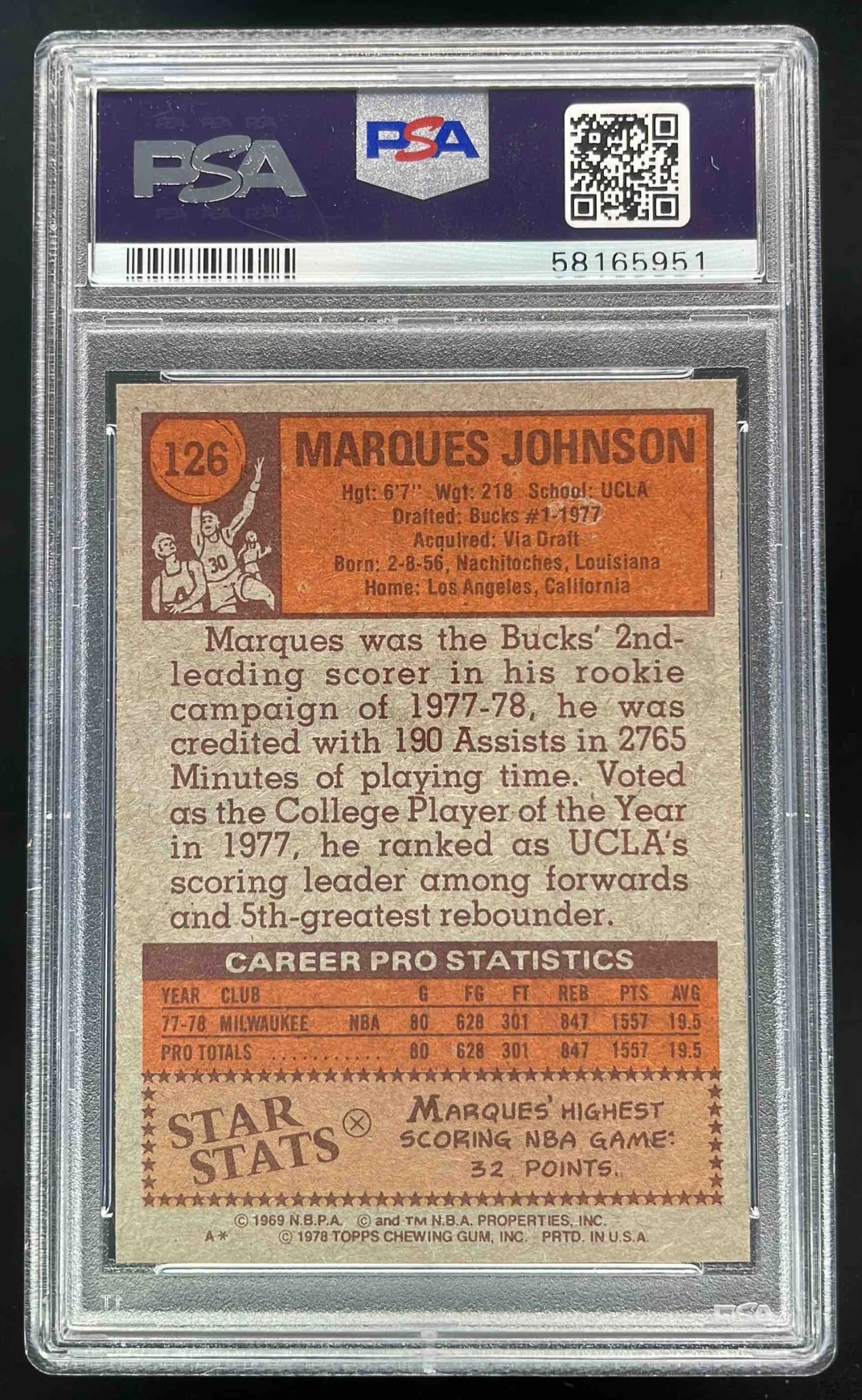 1978-79 Topps #126 Marques Johnson RC PSA 9 - Image 2