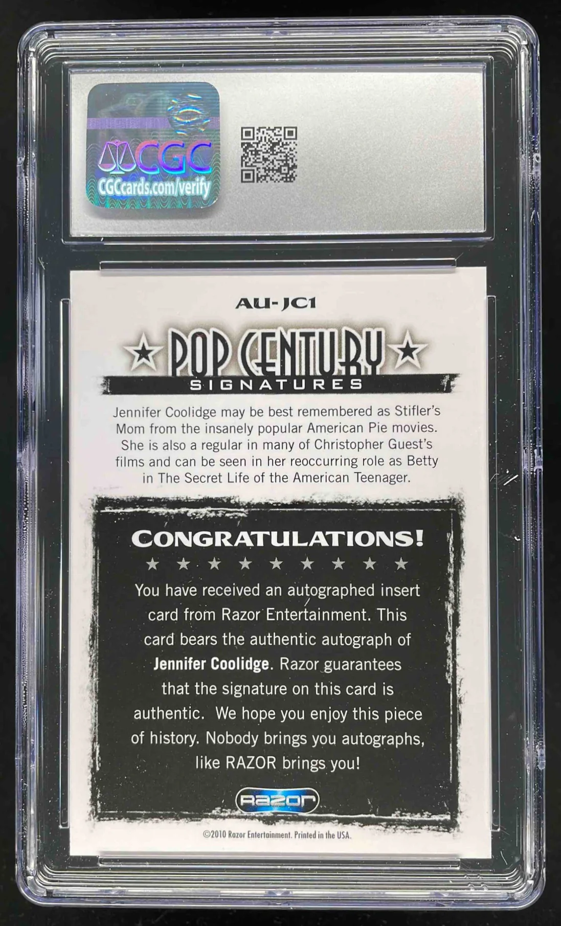 2010 Razor Pop Century #AU-JC1 Jennifer Coolidge Autograph Auto CGC 10 - Image 2