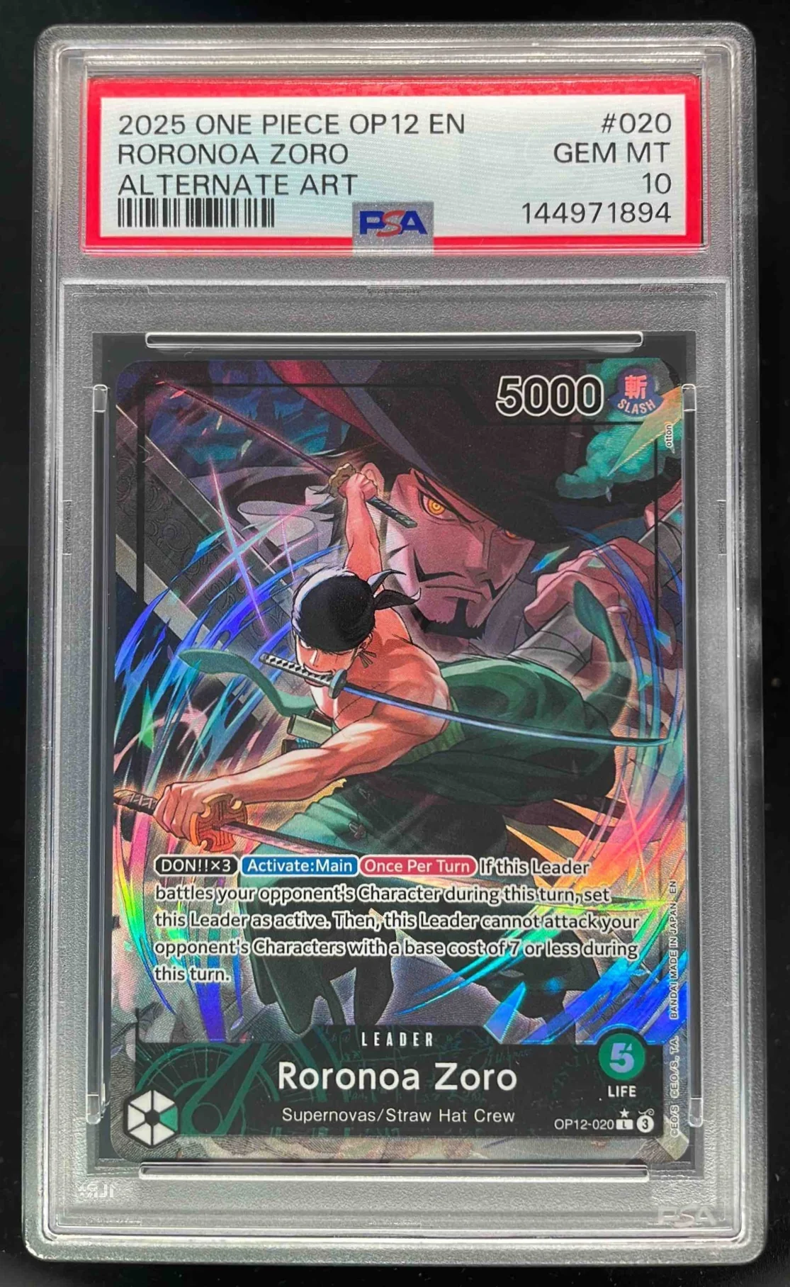 2025 One Piece OP12 EN #020 Roronoa Zoro Alternate Art PSA 10