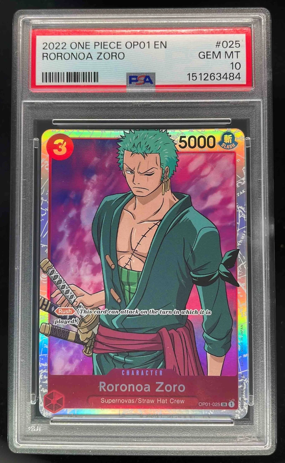 2022 One Piece OP01 EN #025 Roronoa Zoro PSA 10