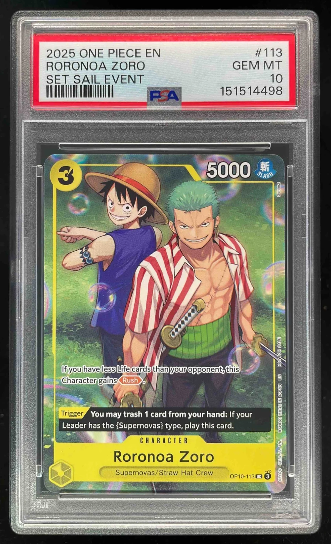 2025 One Piece EN Set Sail Event #113 Roronoa Zoro PSA 10