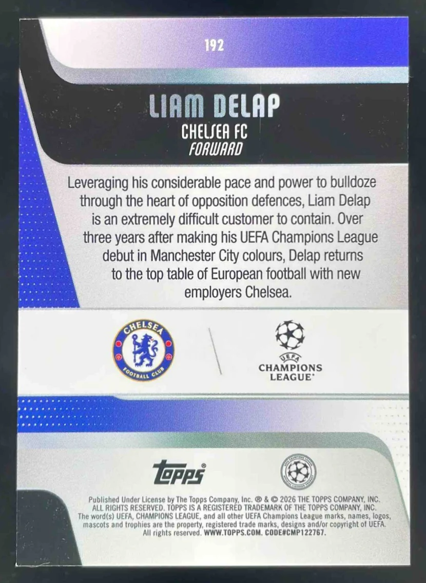 2025-26 Topps UEFA Club Competitions Orange Holo #192 Liam Delap /25 - Image 2