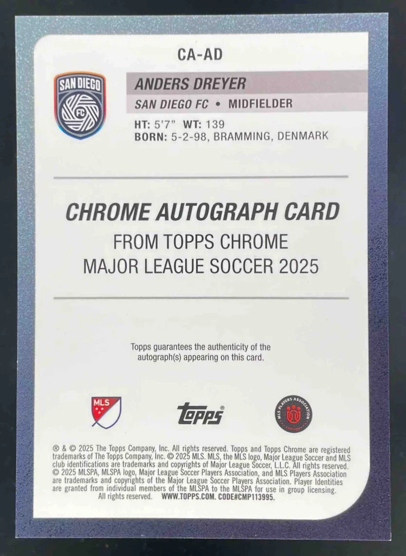 2025 Topps Chrome MLS Chrome Green #CA-AD Anders Dreyer Auto /99 - Image 2