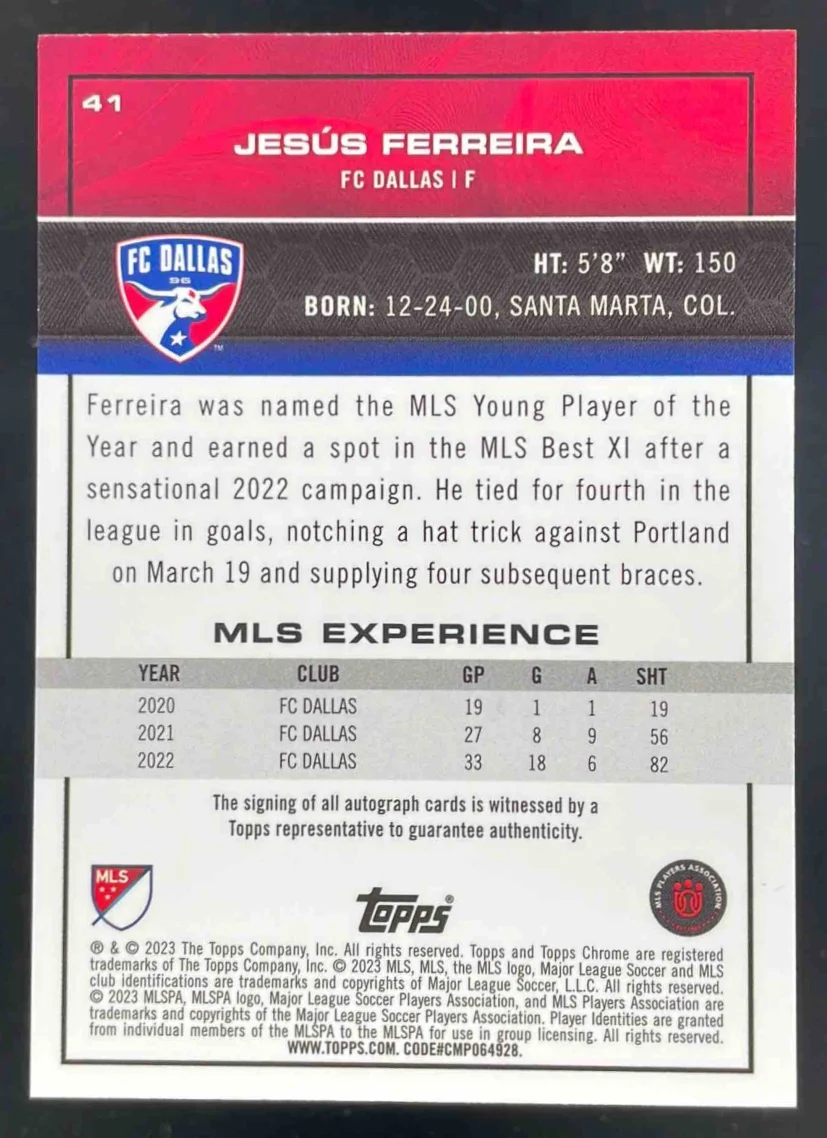 2023-24 Topps Chrome MLS Gold #41 Jesus Ferreira Auto /50 - Image 2