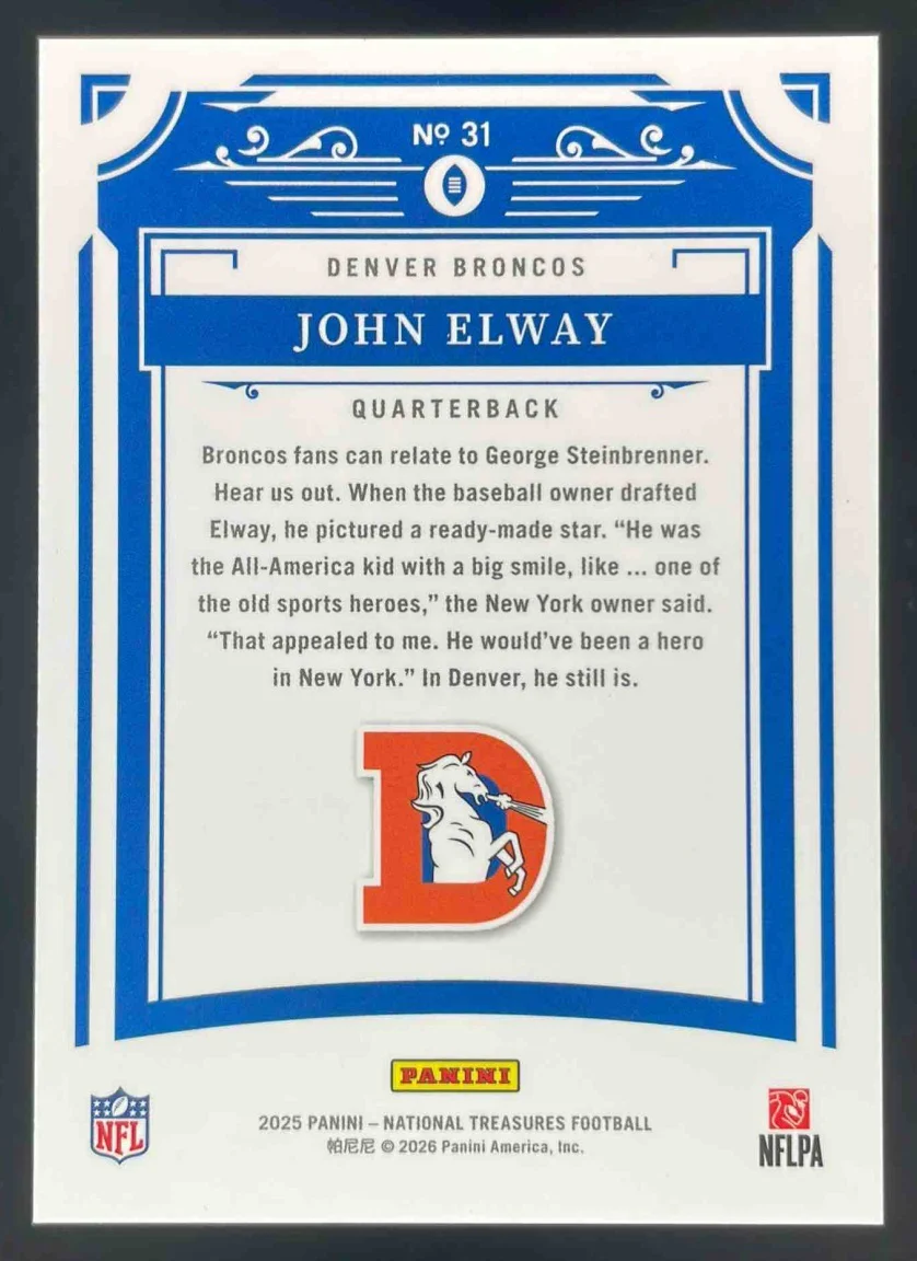 2025 Panini National Treasures Holo Silver #31 John Elway /25 - Image 2
