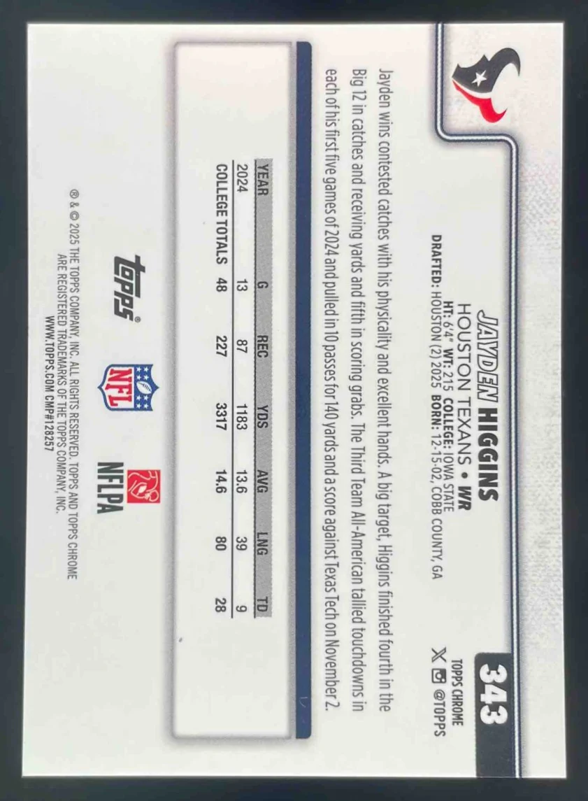 2025 Topps Chrome Rookie Football Leather Purple #343 Jayden Higgins RC /75 - Image 2