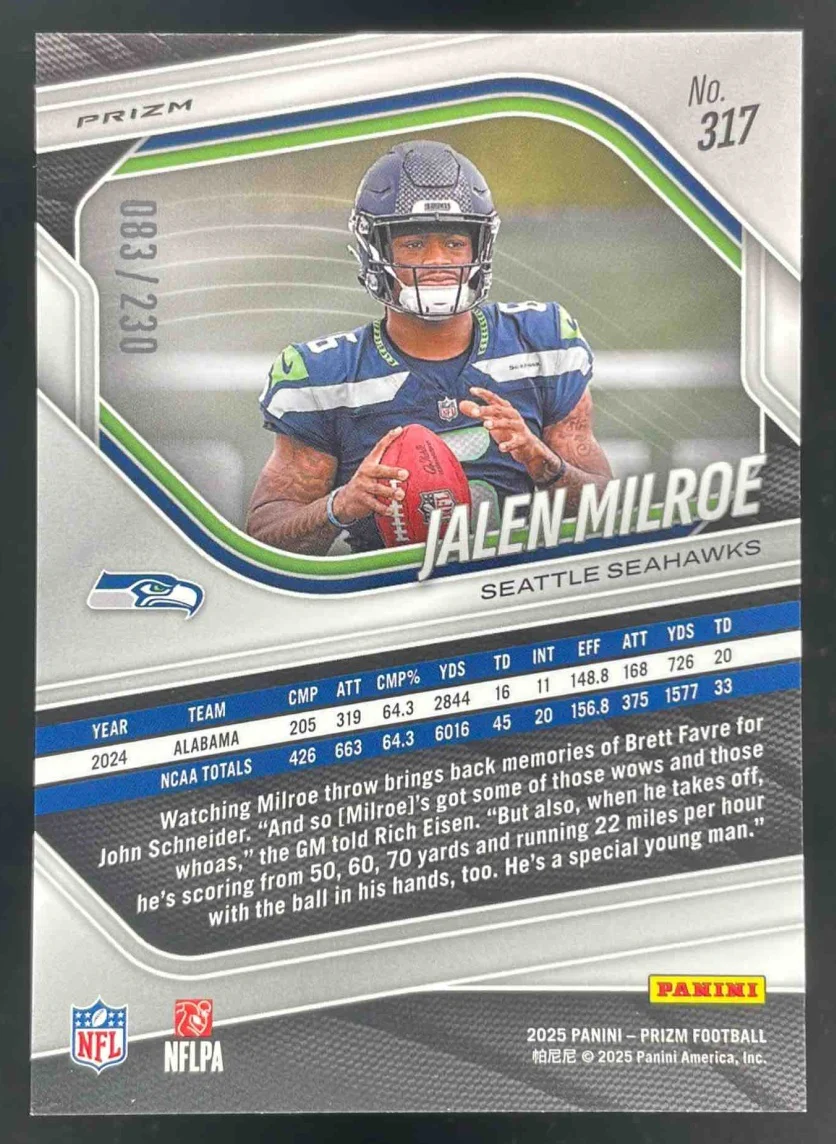 2025 Panini Prizm Blue Wave Prizm #317 Jalen Milroe RC /230 - Image 2