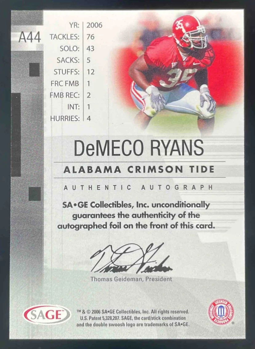 2006 SAGE Autographs Gold #A44 DeMeco Ryans RC Auto /200 - Image 2