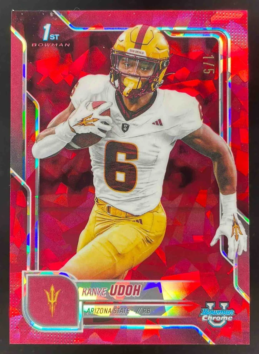 2025 Bowman Chrome University Sapphire Chrome Prospect Red #185 Kanye Udoh RC /5