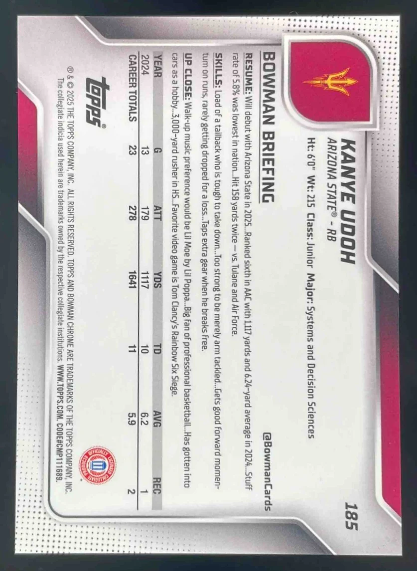 2025 Bowman Chrome University Sapphire Chrome Prospect Red #185 Kanye Udoh RC /5 - Image 2