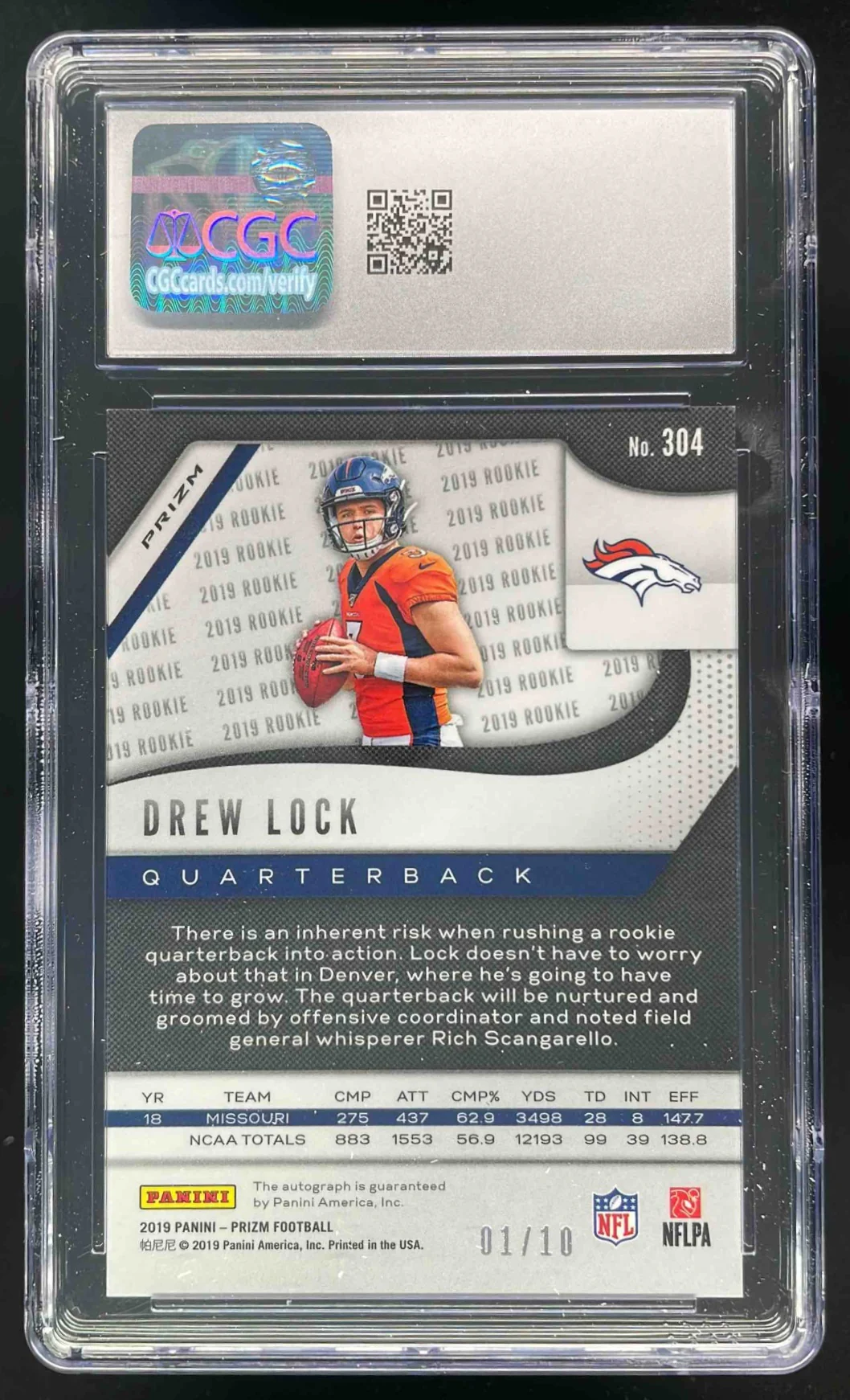 2019 Panini Prizm Rookie Prizm Blue Shimmer #304 Drew Lock RC Auto /10 CGC 10 - Image 2
