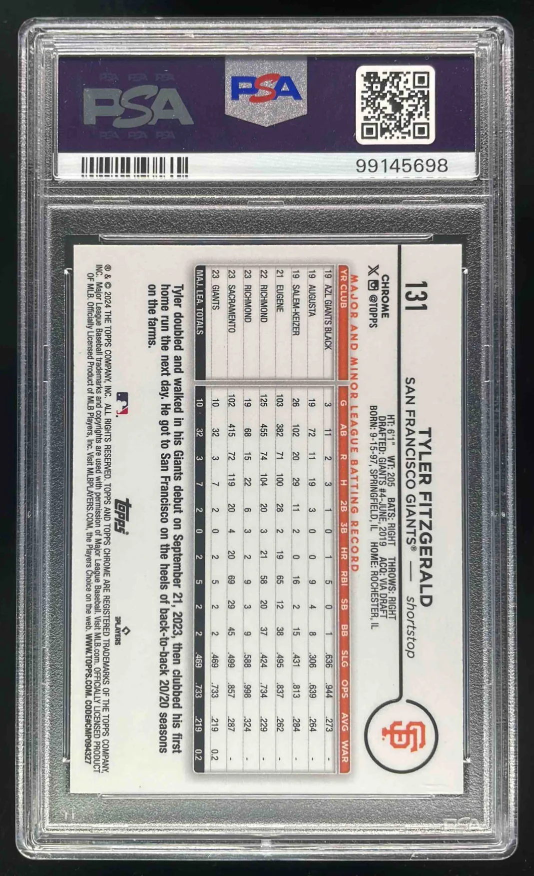 2024 Topps Chrome Big Apple Refractor #131 Tyler Fitzgerald RC PSA 9 - Image 2