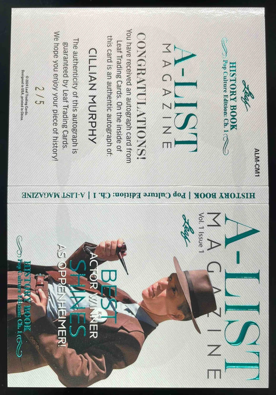 2024 Leaf History Book A List Magazine Platinum Holo #CM1 Cillian Murphy Auto /5 - Image 2