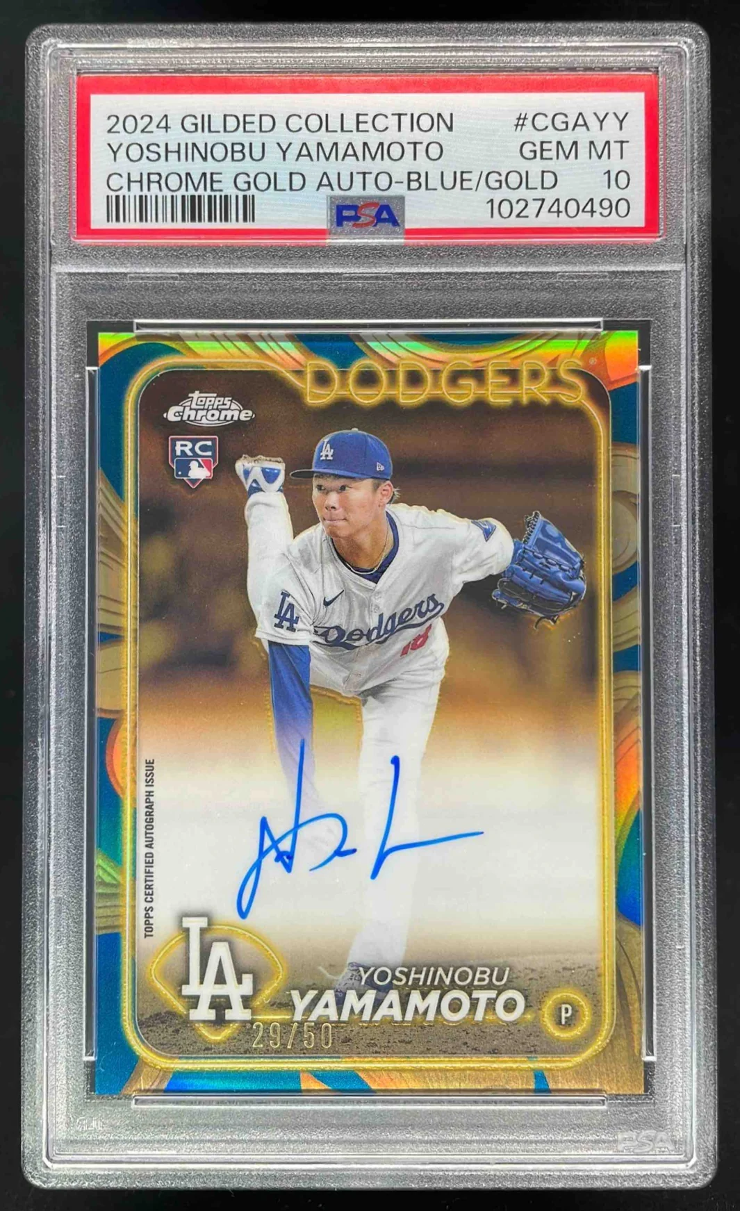 2024 Topps Gilded Collection Chrome Blue Gold Yoshinobu Yamamoto Auto /50 PSA 10