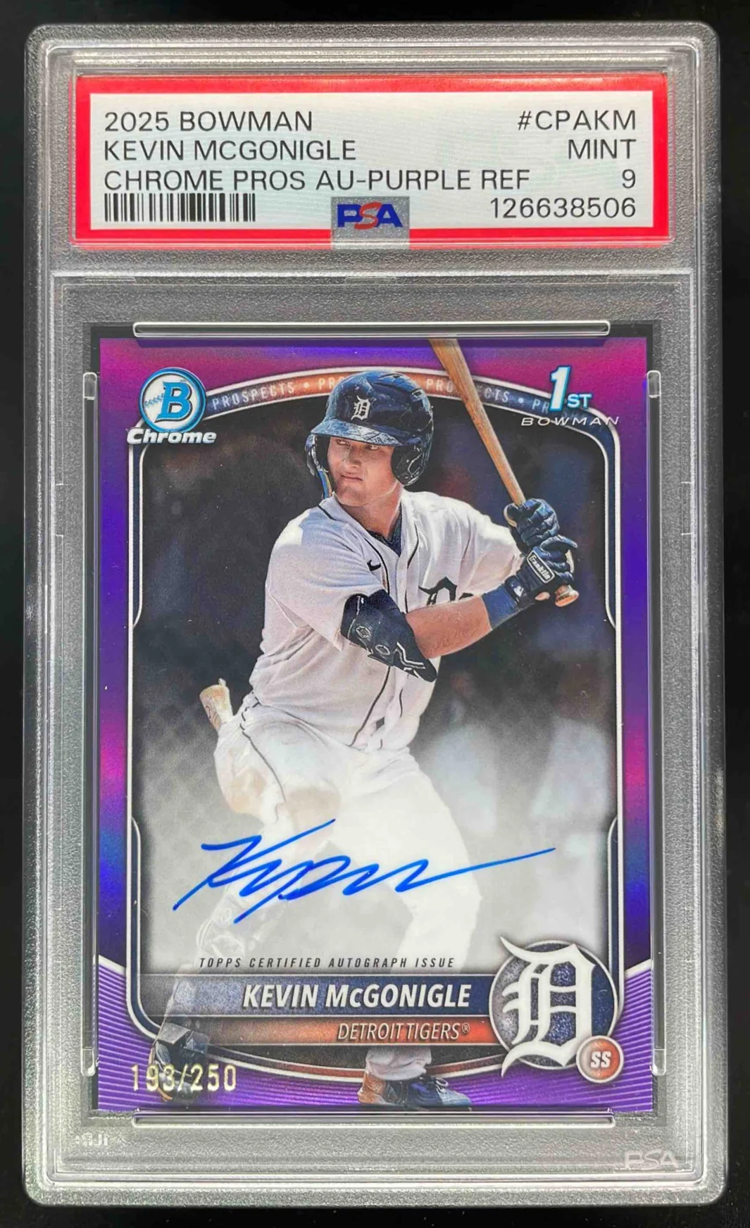 2025 Bowman Chrome Prospect Purple #CPA-KM Kevin McGonigle RC Auto /250 PSA 9