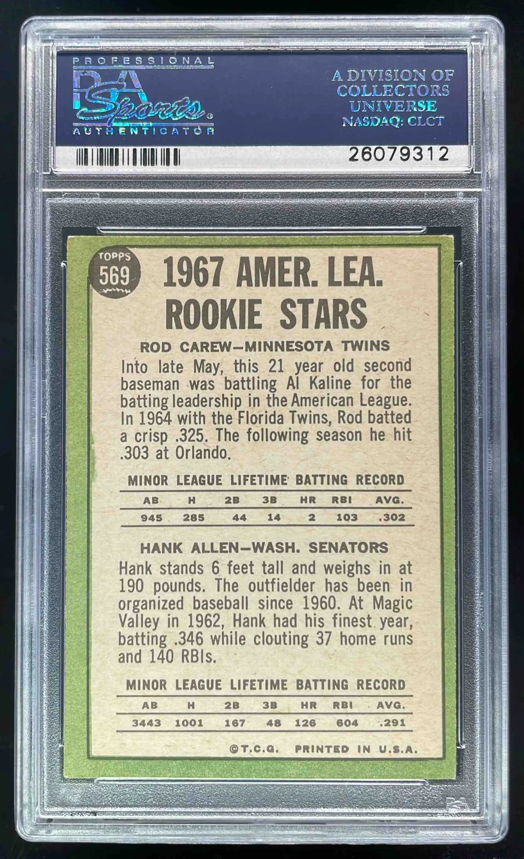 1967 Topps #569 A. League Rookie Stars Rod Carew Hank Allen RS, RC, PSA 5 - Image 2