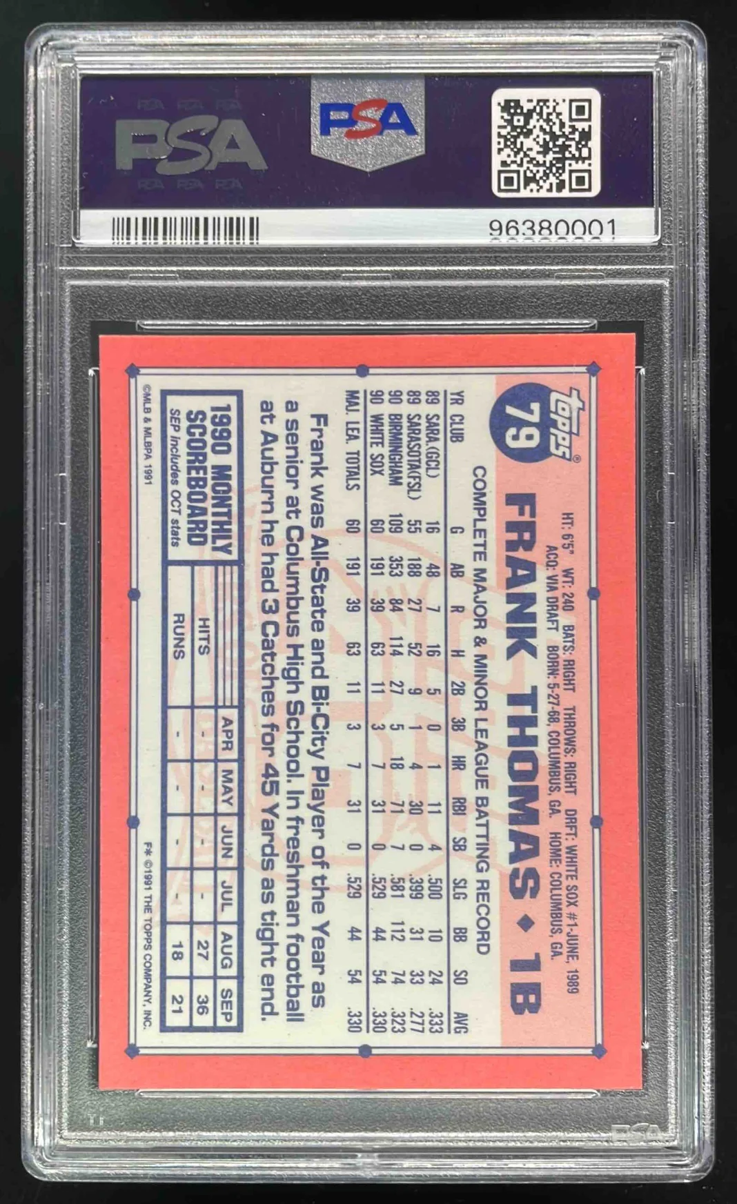 1991 Topps Tiffany #79 Frank Thomas Autograph Auto PSA 10 - Image 2