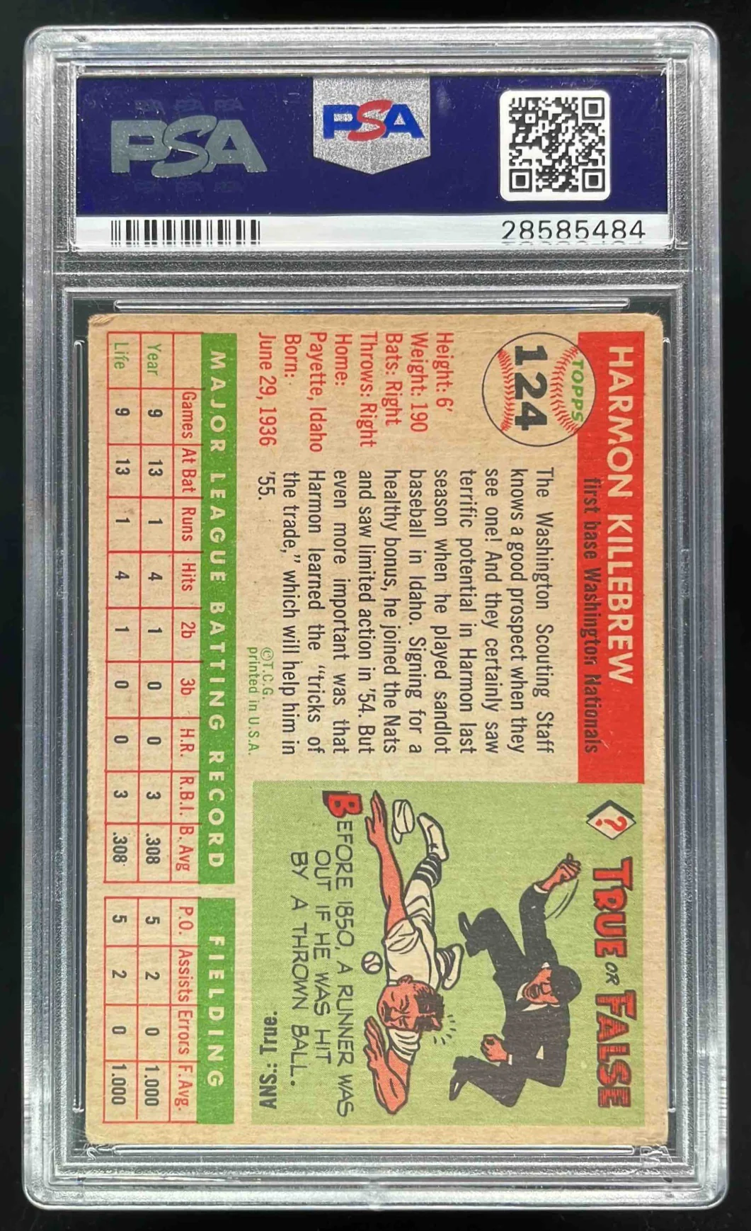 1955 Topps #124 Harmon Killebrew RC PSA 3 - Image 2