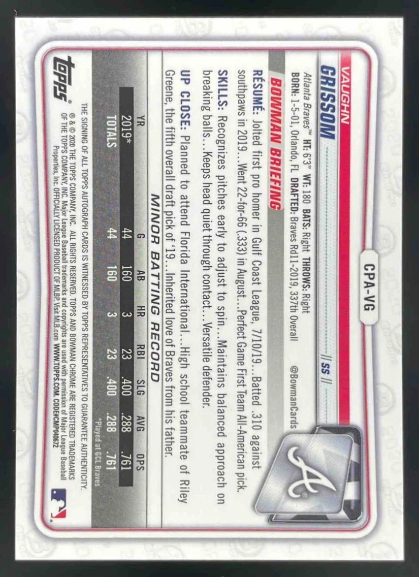 2020 Bowman Chrome Prospect Autographs #CPA-VG Vaughn Grissom RC Auto - Image 2