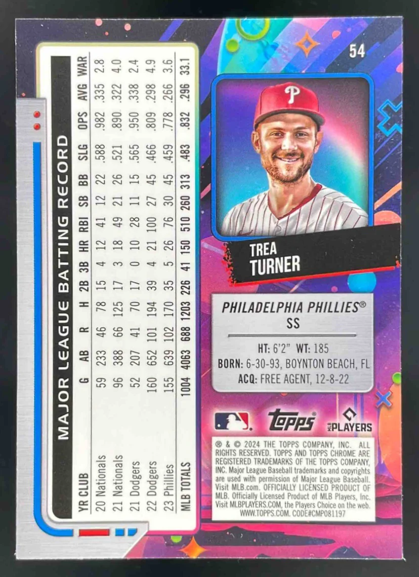 2024 Topps Cosmic Chrome Green Space Dust Refractor #54 Trea Turner /75 - Image 2