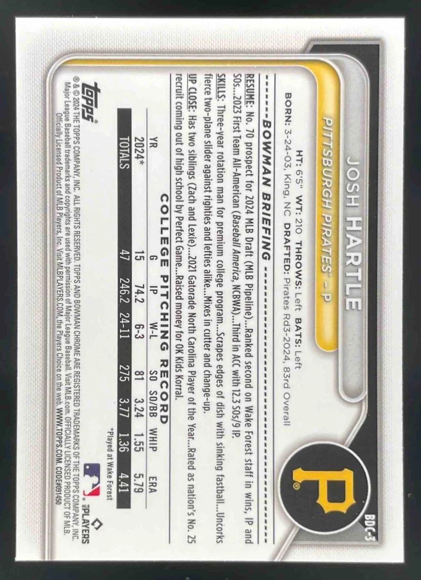 2024 Bowman Draft Chrome Yellow Refractor #BDC-3 Josh Hartle RC /75 - Image 2