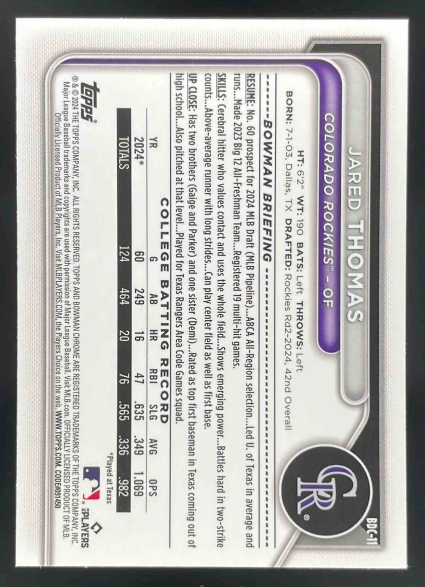 2024 Bowman Draft Chrome Purple Refractor #BDC-11 Jared Thomas RC /250 - Image 2