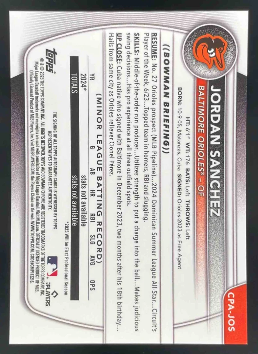 2025 Bowman Chrome Prospect Autograph #CPA-JOS Jordan Sanchez RC Auto - Image 2