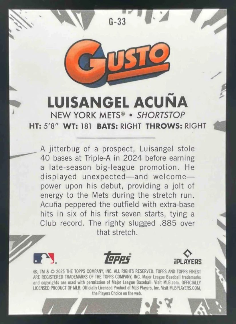 2025 Topps Finest Gusto #G-33 Luisangel Acuna RC - Image 2