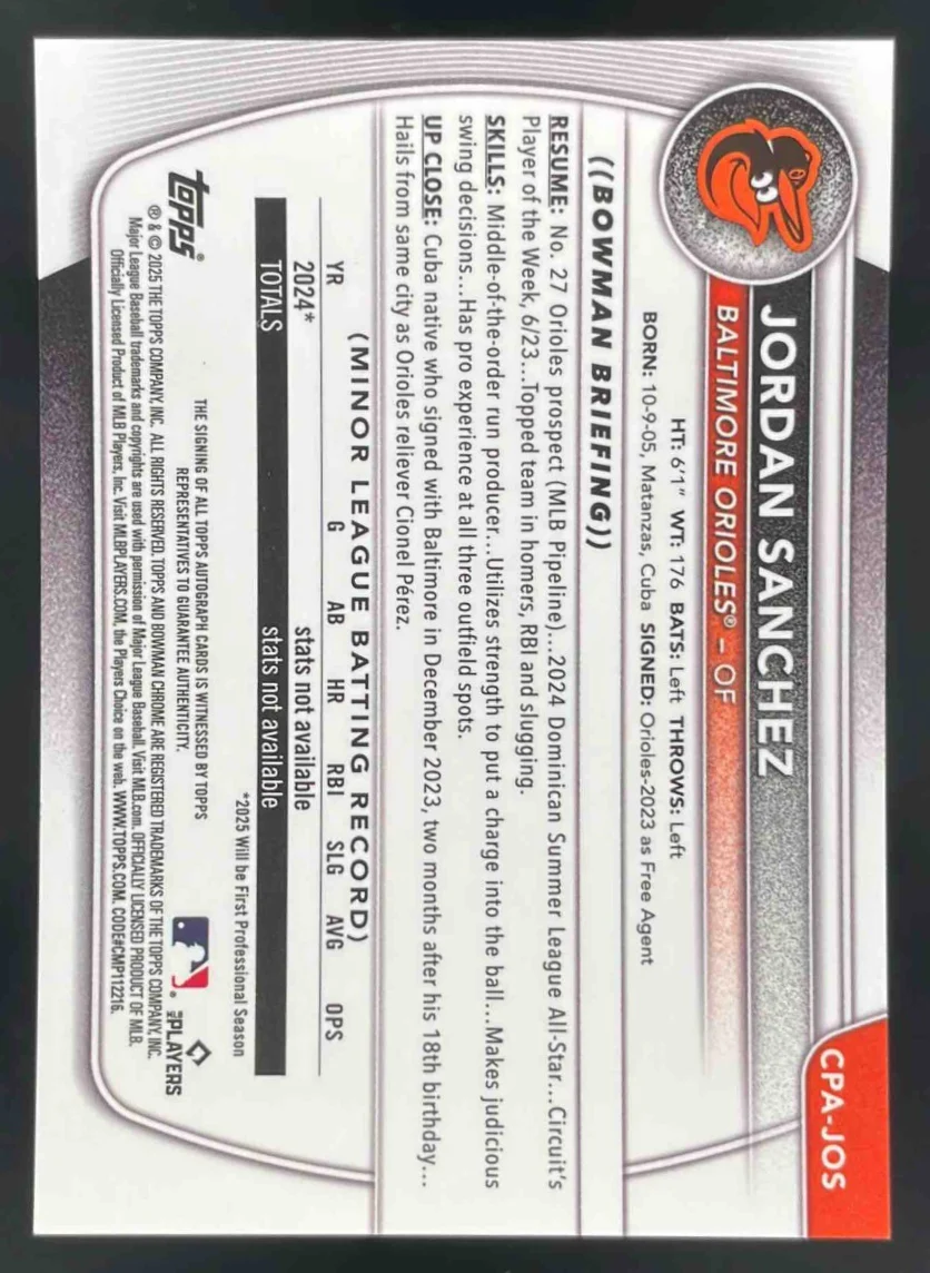 2025 Bowman Chrome Prospect Autograph #CPA-JOS Jordan Sanchez RC Auto - Image 2