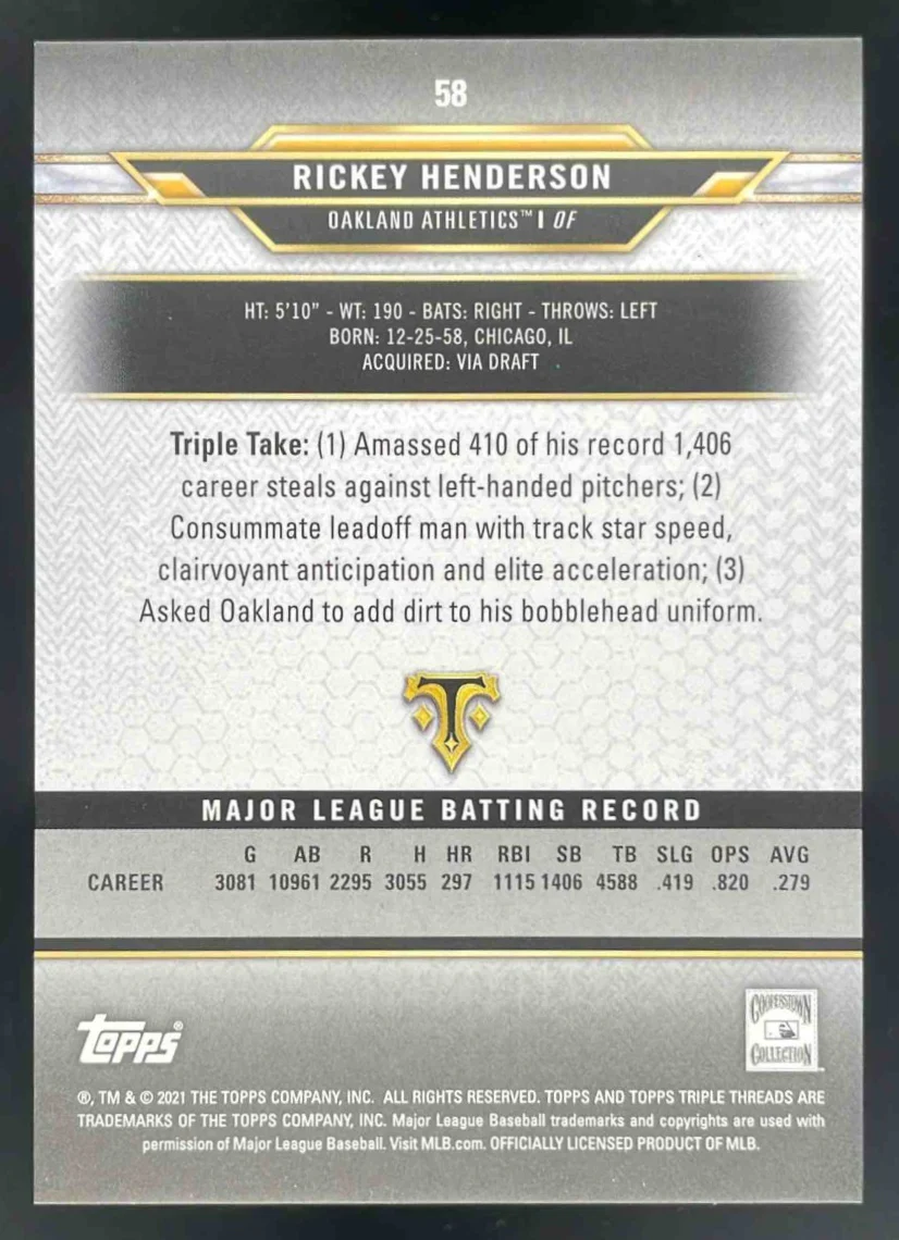 2021 Topps Triple Threads Aquamarine #58 Rickey Henderson /150 - Image 2