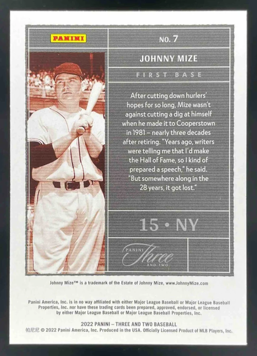 2022 Panini Three and Two Holo Silver #7 Johnny Mize /15 - Image 2