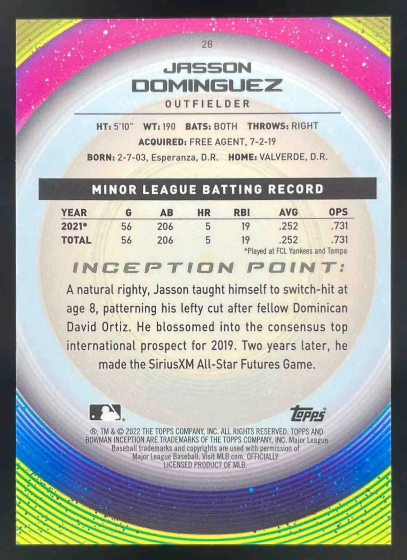 2022 Bowman Inception Fuchsia Foil #28 Jasson Dominguez /75 - Image 2