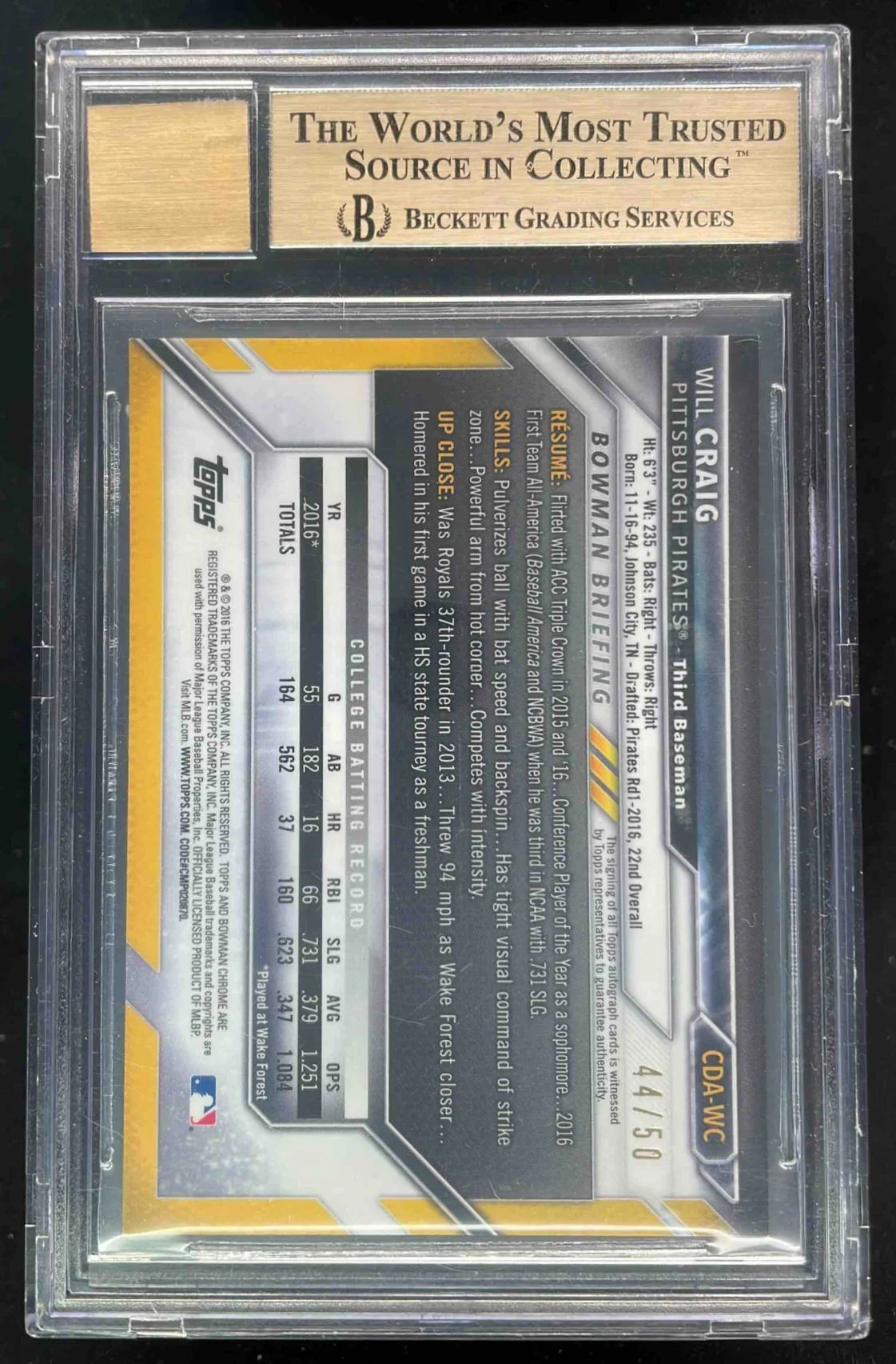 2016 Bowman Draft Chrome Pick Gold Wave #CDA-WC Will Craig Auto /50 BGS 9.5 - Image 2
