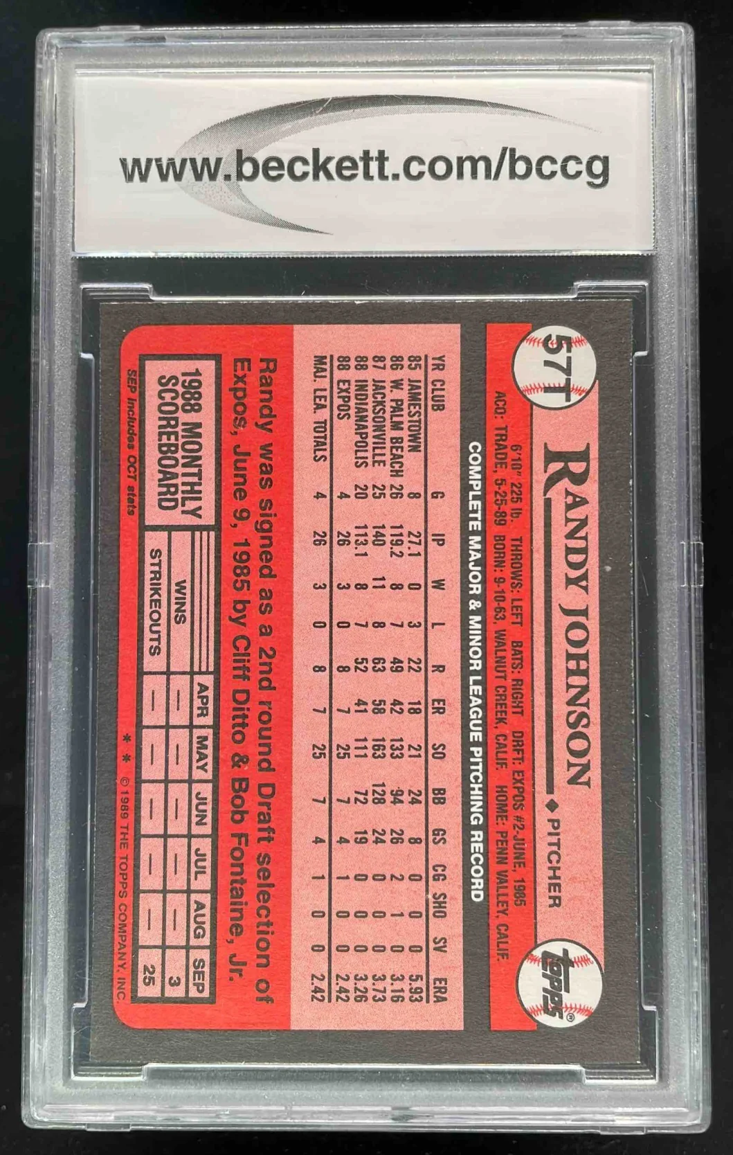 1989 Topps Traded #57T Randy Johnson RC BCCG 10 - Image 2