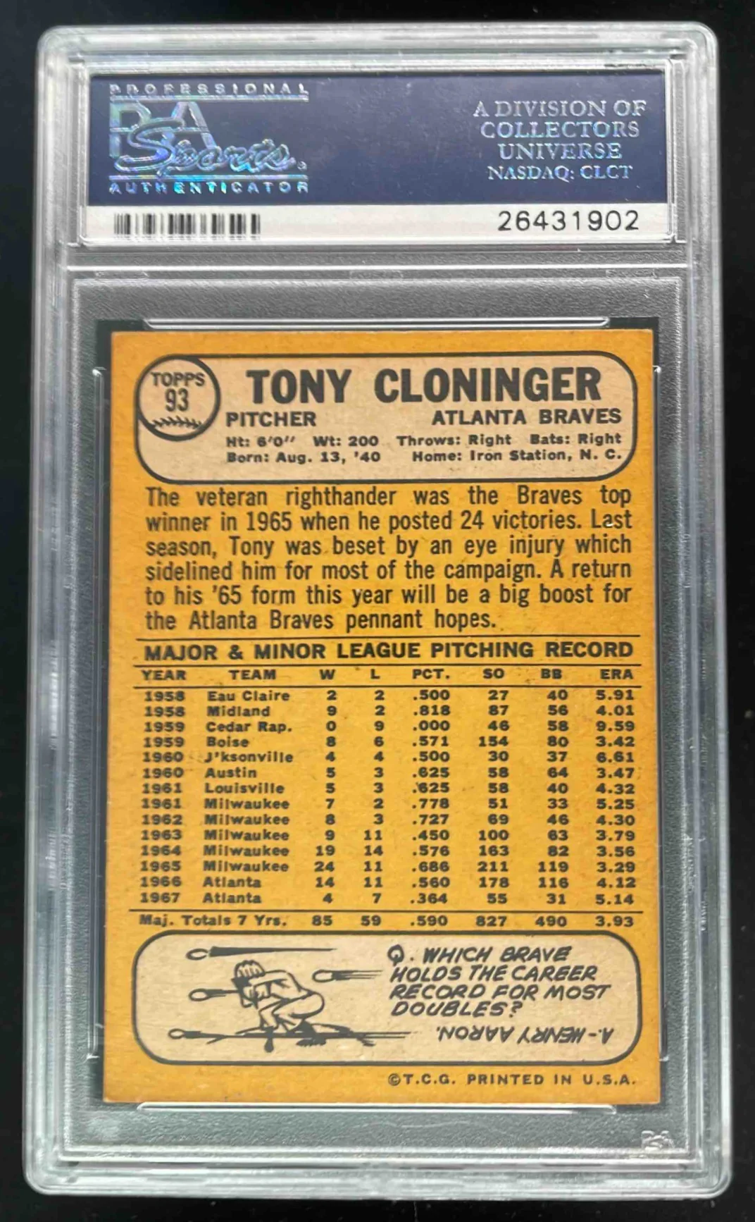 1968 Topps #93 Tony Cloninger PSA 6 - Image 2