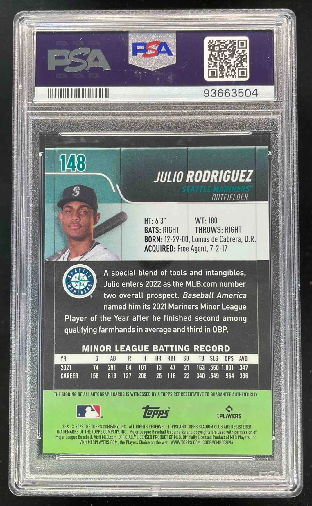 2022 Topps Stadium Club Chrome Refractor #148 Julio Rodriguez RC PSA 9 - Image 2