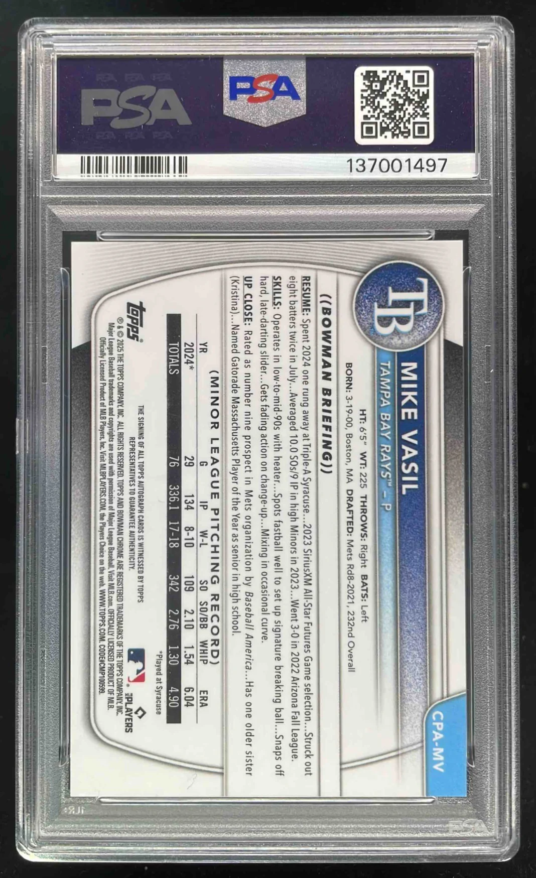 2025 Bowman Chrome Prospect Sunflower Seeds #CPA-MV Mike Vasil RC Auto /5 PSA 10 - Image 2