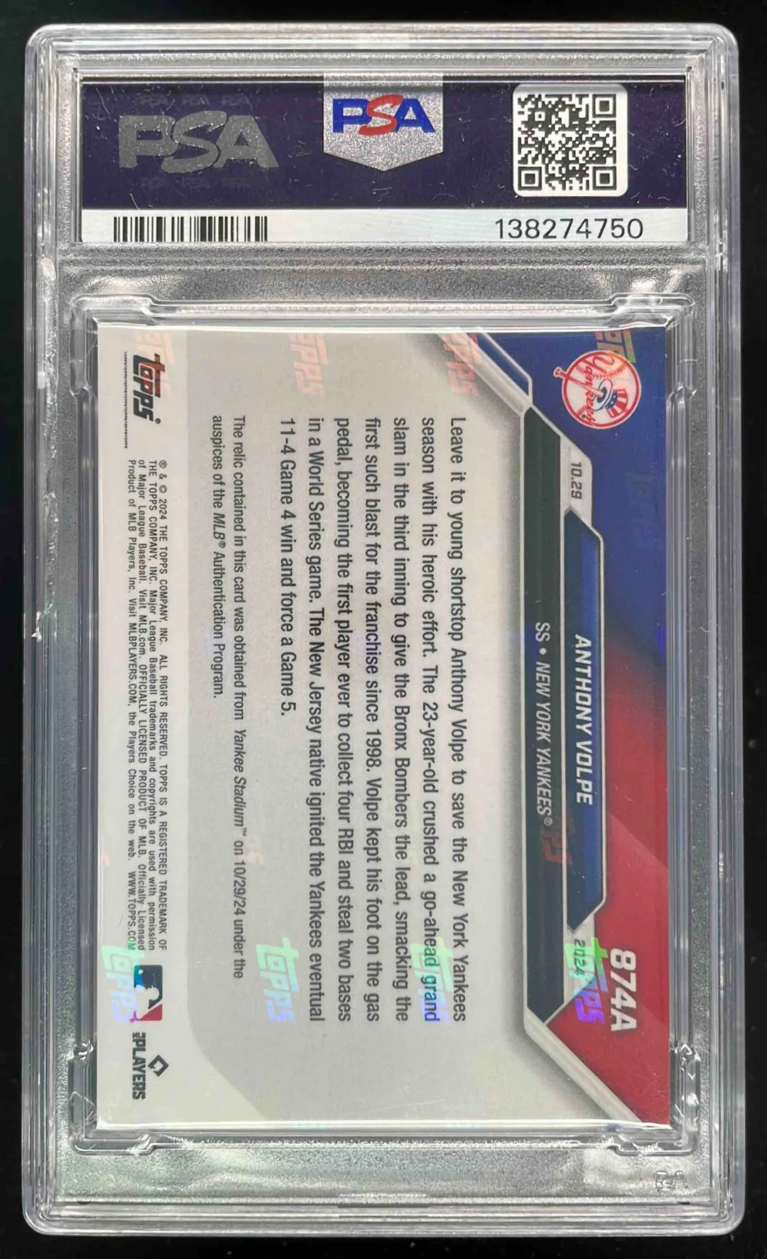 2024 Topps Now Relics Black #874A Anthony Volpe Base /99 PSA 7 - Image 2