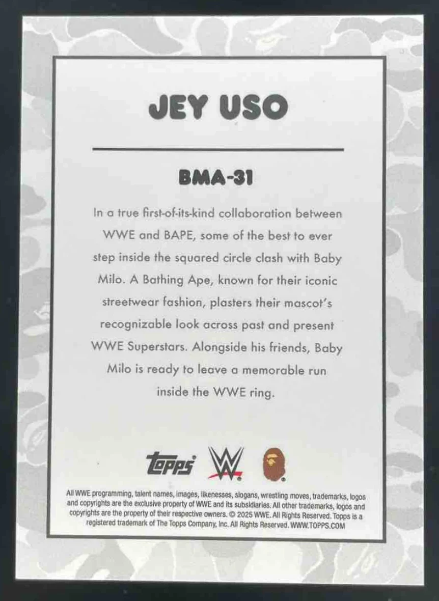 2025 Topps WWE x Bape Baby Milo Black And White Camo #31 Jey Uso /50 - Image 2