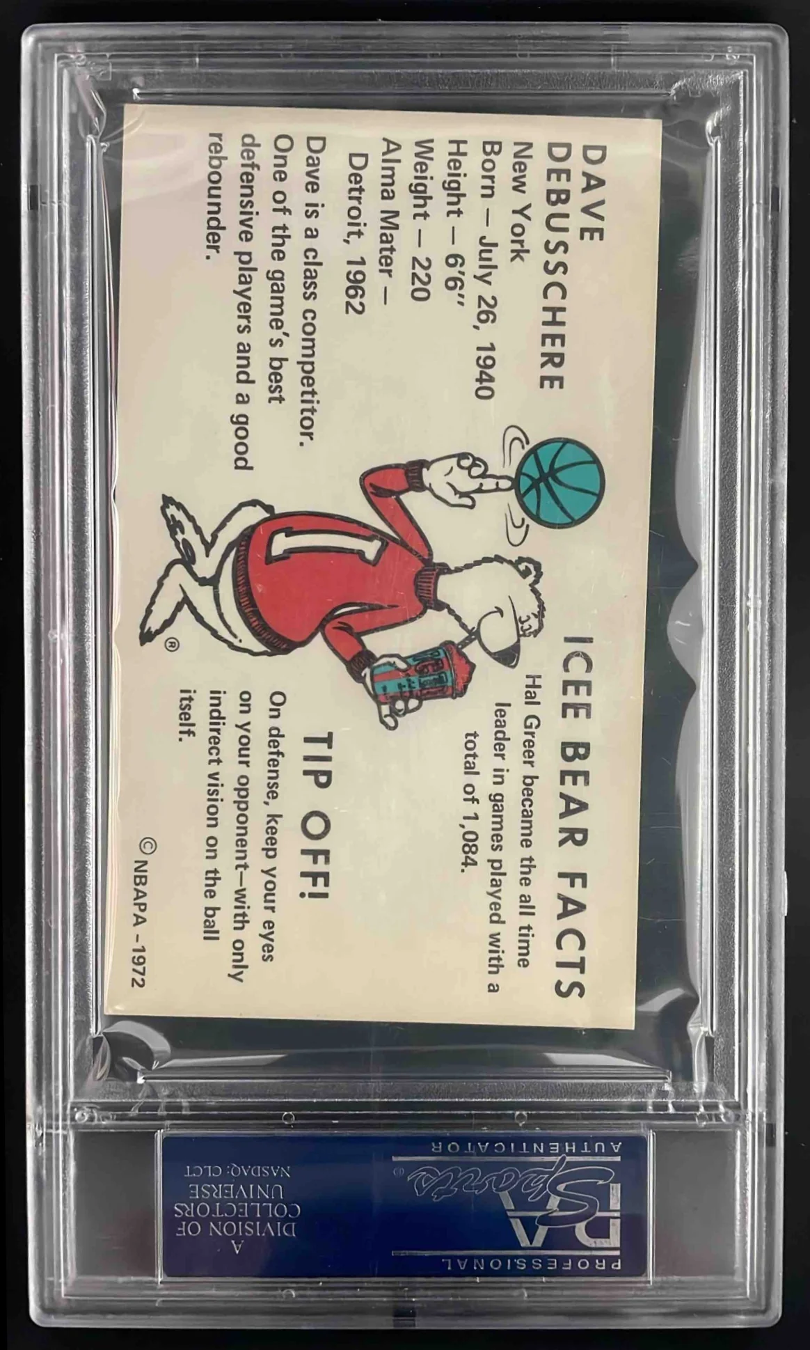 1972 Icee Bear Dave Debusschere PSA 8 - Image 2